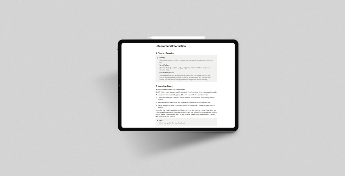 Master customer interviews with The Mom Test-based Notion template for startups